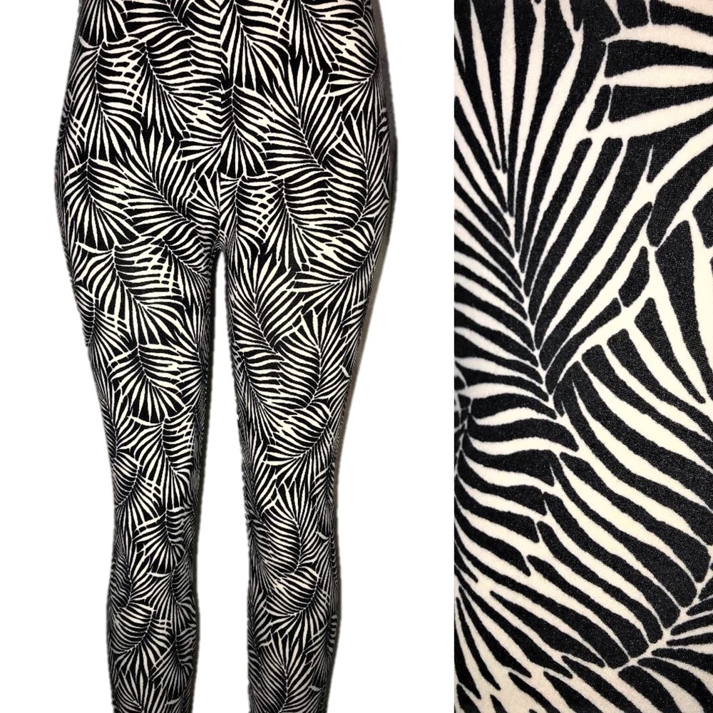 Super Soft Leggings Black White Palm Frond Design